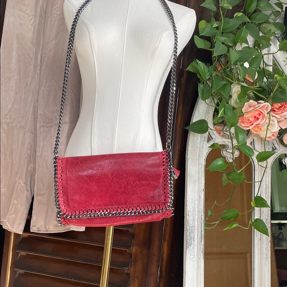 Chain-Trimmed Leather Red Burgundy Crossbody Made in Italy Fold-over Bag